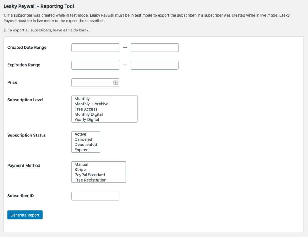 leaky paywall reporting tool settings page