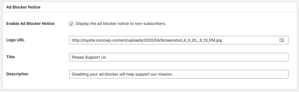 Leaky Paywall Ad Blocker Notice settings